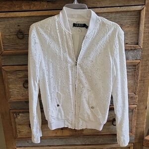 Ralph Lauren White Eyelet Zip Up Collarless Jacket